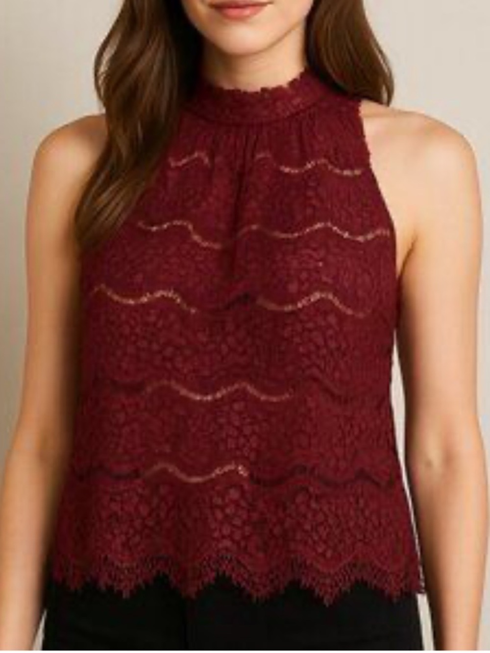 Floral Lace Mock Neck Top Sleeveless Casual Party Feminine Ruby Red Medium Lined